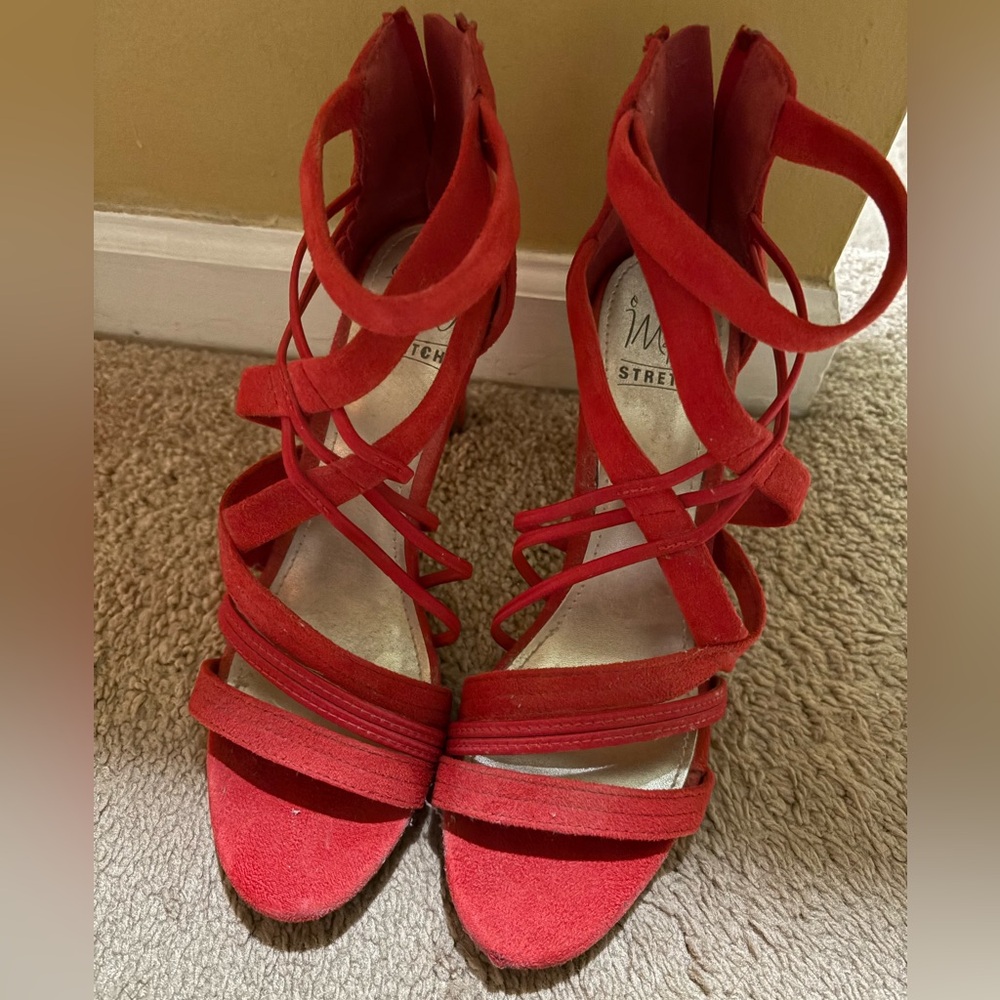 Red suede high heel sandals, never worn